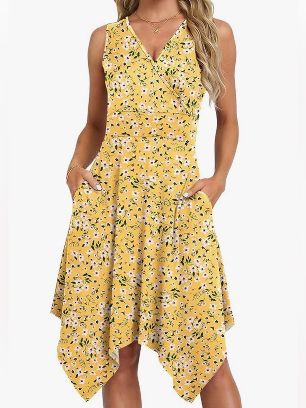Yellow Floral Midi Dress - Sleeveless Wrap Style